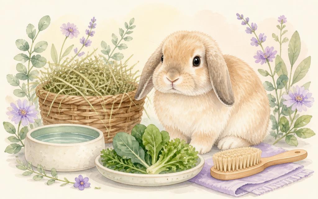 A mini lop rabbit beside hay, greens, water and a grooming brush