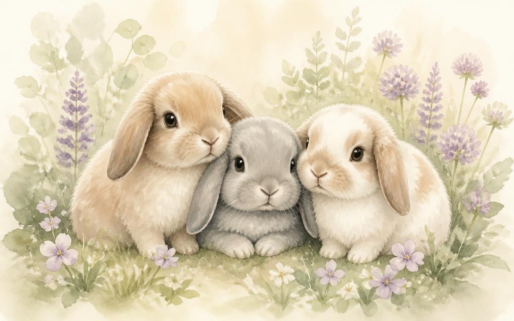 Three mini lop rabbits sitting together among sage and lilac flowers